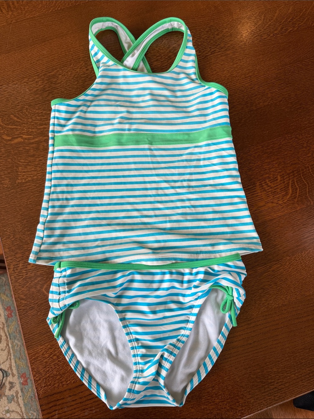 L.L. Bean Girls Blue and White Striped Tankini with Green Trim. Size: 10